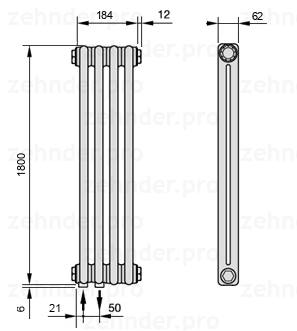 Схема (чертеж) Радиатор Zehnder Charleston 2180/4 №3370 Белый глянцевый RAL 9016